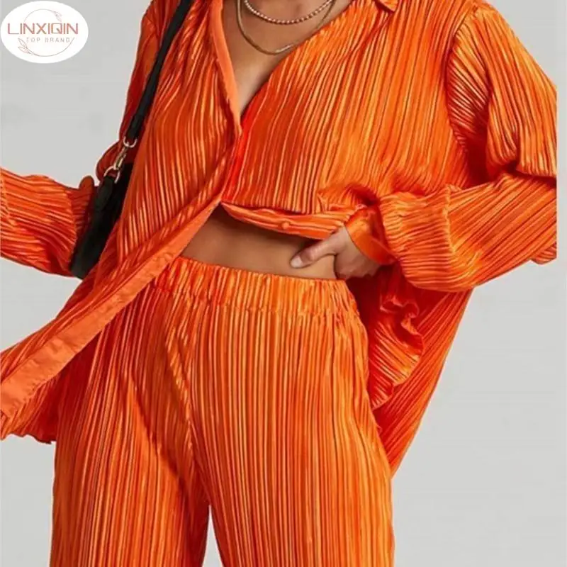 

Casual Women's Shirt Pleated Two Piece Set Green Loose High Waist Wide Leg Pants Suit 2024 Elegant Office Ladies Female Outfits