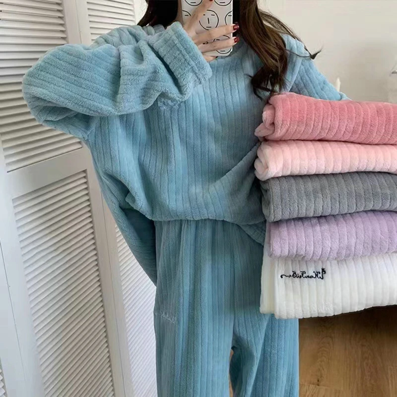 

Women'S Warm Plush Pajamas Winter Thicken Thermal Long Sleeve Velvet Loungewear Suit Korean Girl Home Clothes