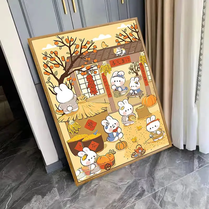 Joyful Rabbit Painting Printed Canvas DIY Cartoon Cross Stitch Complete Kits Embroidery Set Cotton Thread Needlework Home Decor cross stitch kit