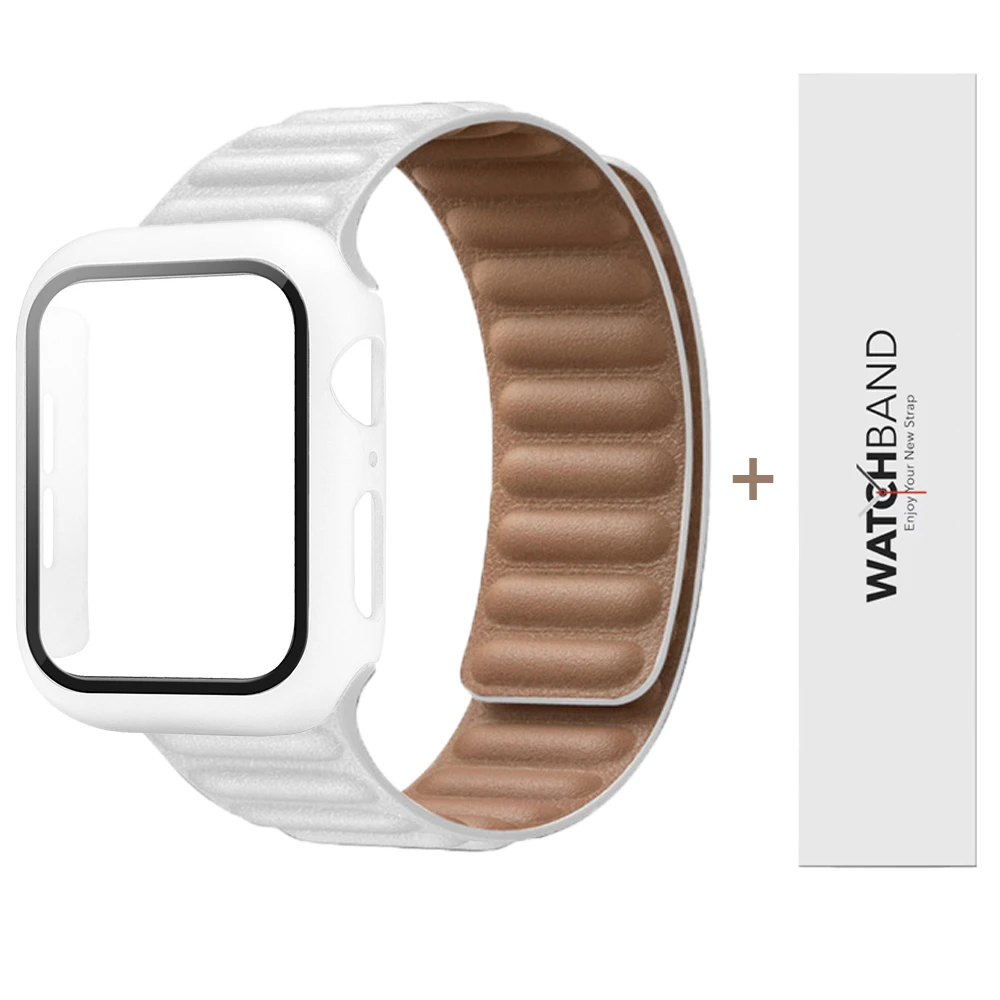 Leather Link Strap + case For Apple watch band 45mm 41mm 44mm 40mm 38mm