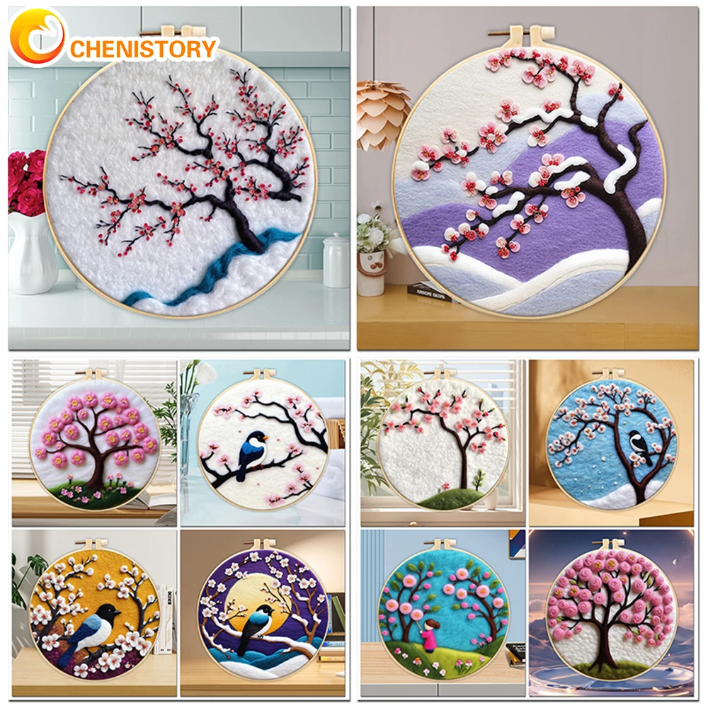 CHENISTORY DIY 양모 펠트 페인팅 키트, 20x20cm 프레임, 매화 꽃 수제 바늘 양모 페인팅, 홈 데코 선물 