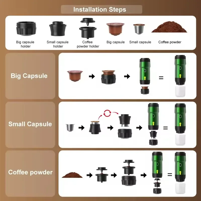 Electric Portable Coffee Machine Portable Italian Espresso Machine for Car & Home 3-in-1 Capsule Powder Travel Coffee Maker 4