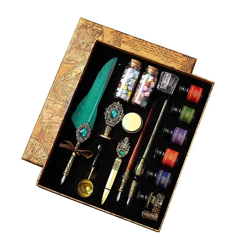 앤티크 스프링클링 깃털 딥 펜, 잉크 빈티지 서예 펜 세트, 만년필, 미술 용품..