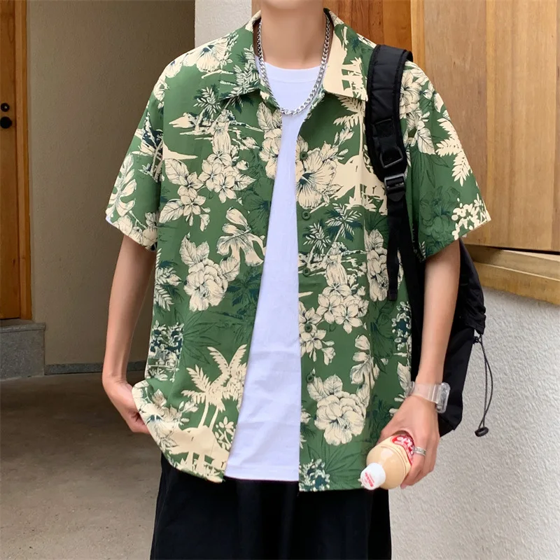 

2023 Summer Men Loose Floral Print Beach Shirt Short Sleeve Lapel Korean Style Shirts Fashion Party Holiday Casual Shirt Homme