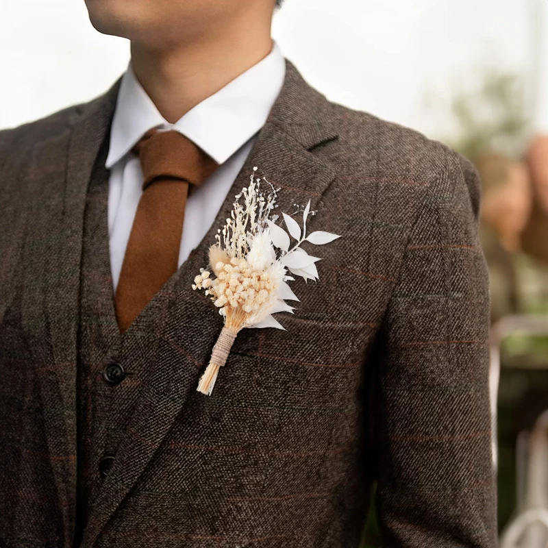 Mini Dried Flower Bouquet Set of 6 Boho Wedding Decor Boutonniere for Men Table Centerpieces Dry Pampas Grass Birthday Decor