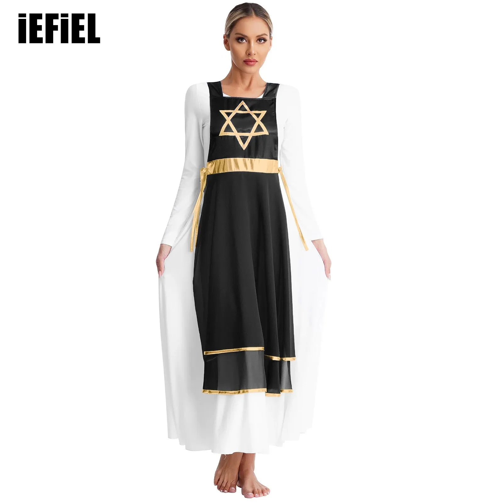 

Womens Choir Dance Dress Liturgical Praise Performance Dance Tunic Metallic Patchwork Lace-up Sides Split Sleeveless Dress