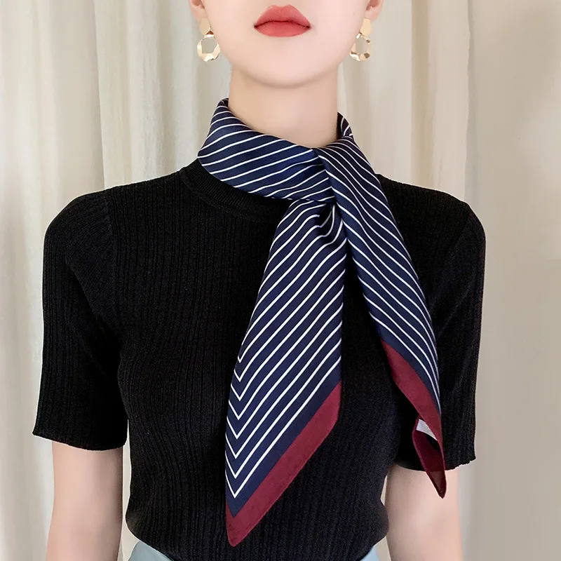 New Fashion Blue Silk Square Streak Scarf Women Satin Neck Hair Tie Band Soft Work Neckerchife Hijab Head Female Foulard 2