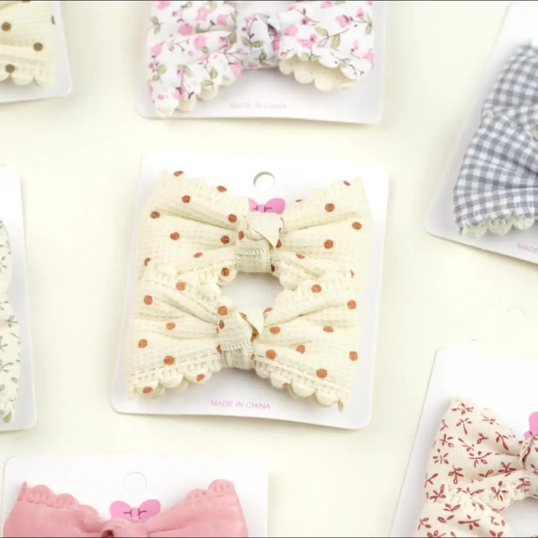 Bow Hair Clips For Girls - 12 Pcs Handmade Full Linen Hair Bows, 1.5 Inch Barrettes, Dot/Plaid/Flower Prints (Pink Color Set)