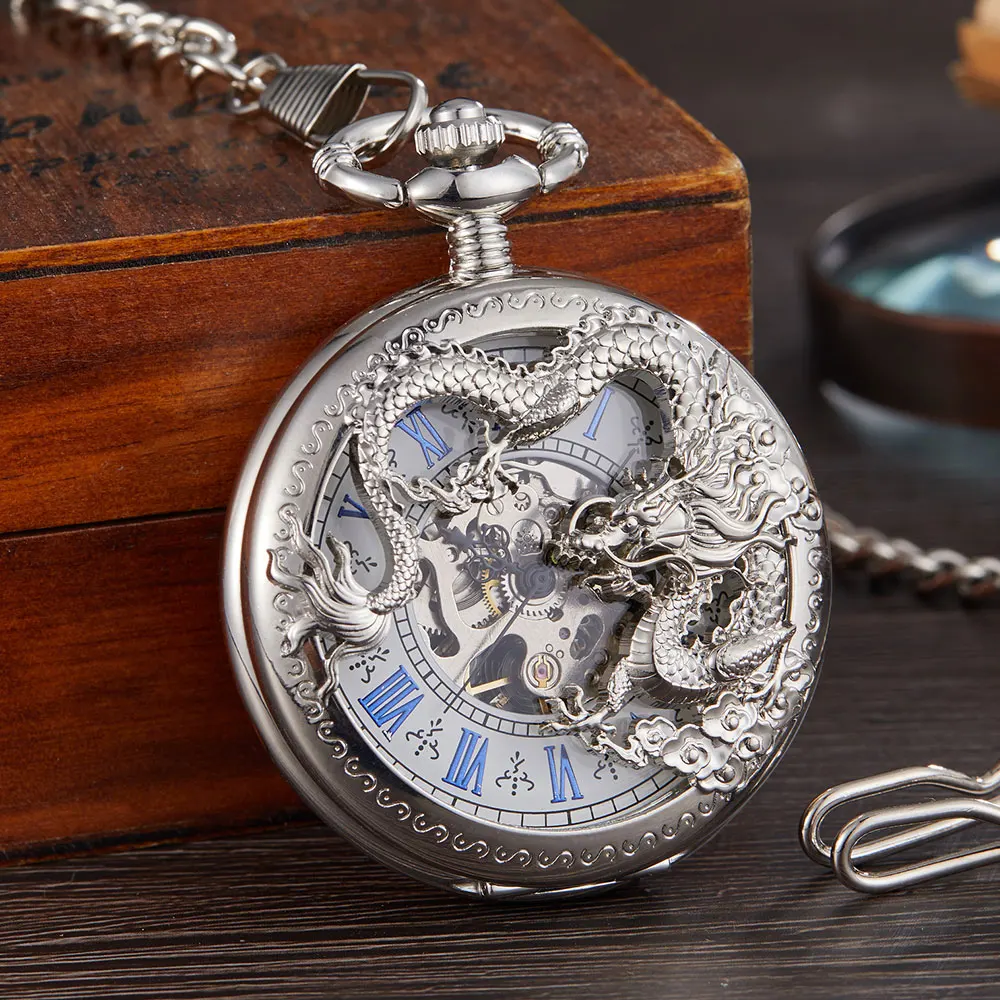 Vintage Double Side Chinese Dragon Stainless Steel Silver Mechanical Pocket Watch For Men FOB Chain Necklace Male Watches