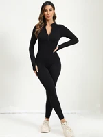 Women Rompers Ribbed long Sleeve Zip Front Stretch Tummy Control Yoga Workout Rompers - Image 4