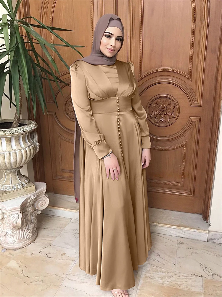 ik heb het gevonden campagne pedaal Kralen Satin Abaya Moslim Arabische Lange Jurk Vrouwen Elegante Slanke  Taille Effen Kleur Kaftan Islam Dubai Turkije Eid Ramadan Kleding| Islamitische Kleding| - AliExpress