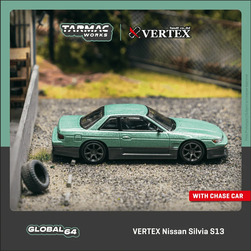 

**Pre-Order** Tarmac Works x VERTEX 1:64 Nissan Silvia S13 Green / Grey Diecast Model Car
