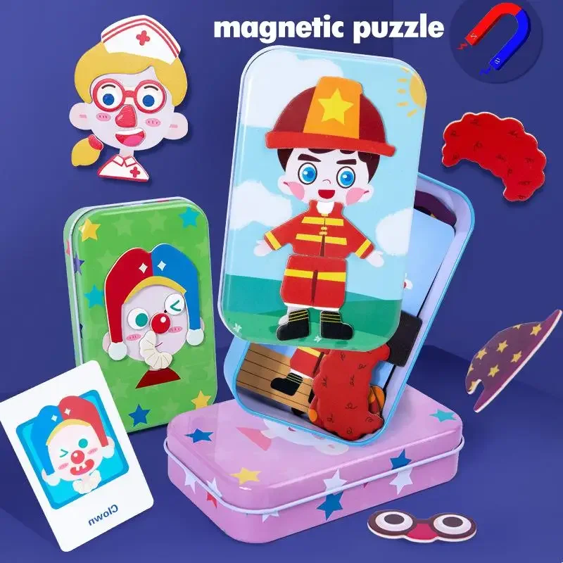Magnetic 3D Puzzle Children Dress Up Expression Travel Tin Box Jigsaw Game Early Education Imagination Toys Gifts For Girls 5