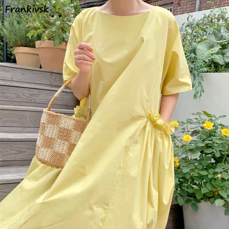 

Women Dresses Summer Baggy New Arrival Korean Style Leisure O-neck All-match Lightweight Comfortable Classical Cozy Solid Colors
