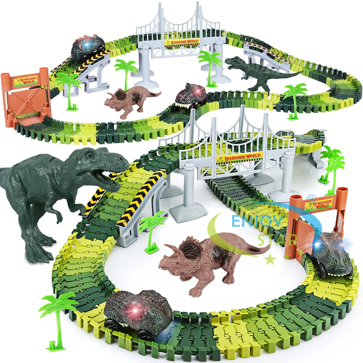 156pcs Dinosaur Railway Car Track Toy Set DIY Assemble Road Race Set with Flexible Track Dinosaur Toys Bridge Ramps Toys for Kid 5