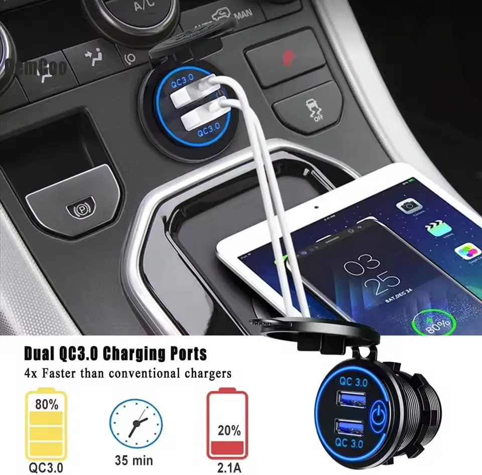 Waterproof Dual USB Car Charger with Touch Switch