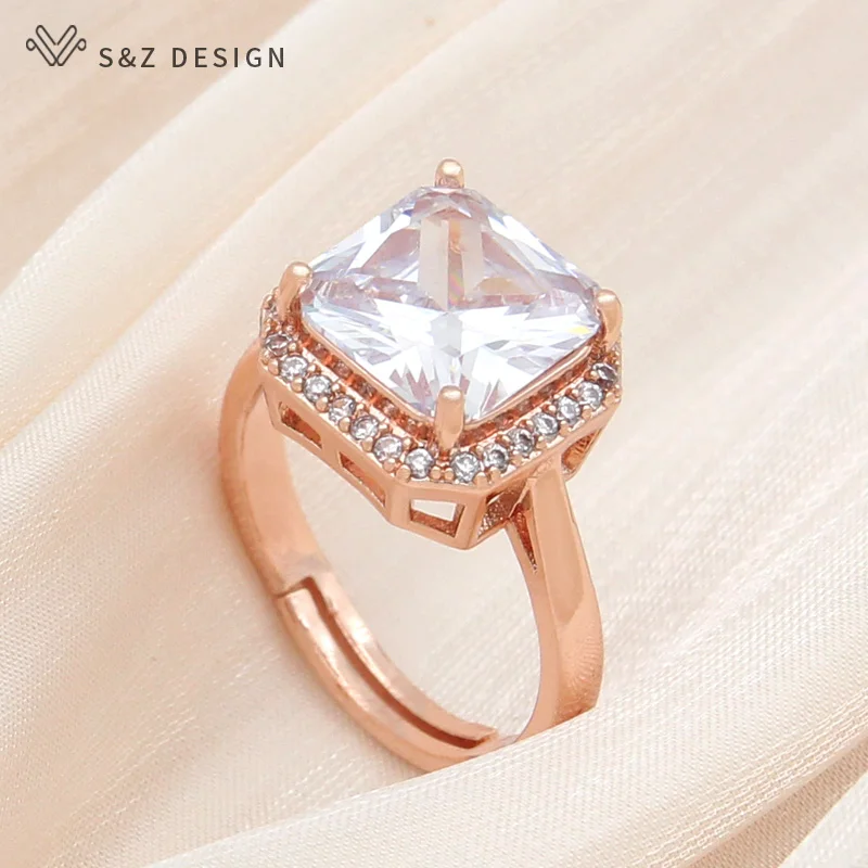 S&Z DESIGN New Classic Square Pink Crystal Rings For Women Wedding 585 Rose Gold Color Cubic Zirconia Jewelry Fashion Gift