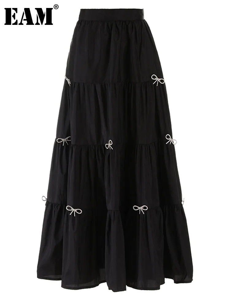 

[EAM] Women Black Rhinestones Bow Long Elegant Half-body Skirt High Elastic Waist Casual Fashion New Spring Autumn 2023 1DF9106