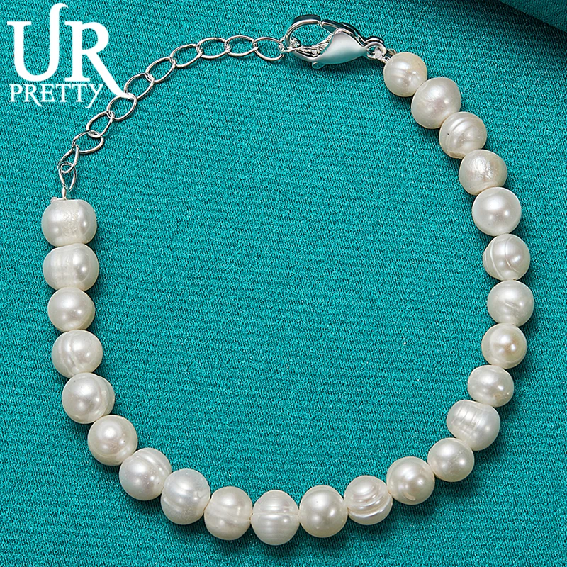 

URPRETTY Natural White 8mm Pearl Bracelet 925 Sterling Silver Buckle For Woman Charm Wedding Engagement Fashion Party Jewelry