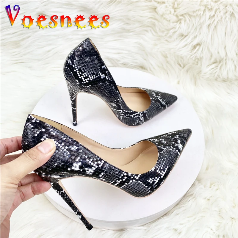 

Fashion Snake Skin Pattern Women High Heels Sexy Pointy Toe Party Dress Shoes 12CM Designer Slip On Stiletto Pumps Plus Size 43