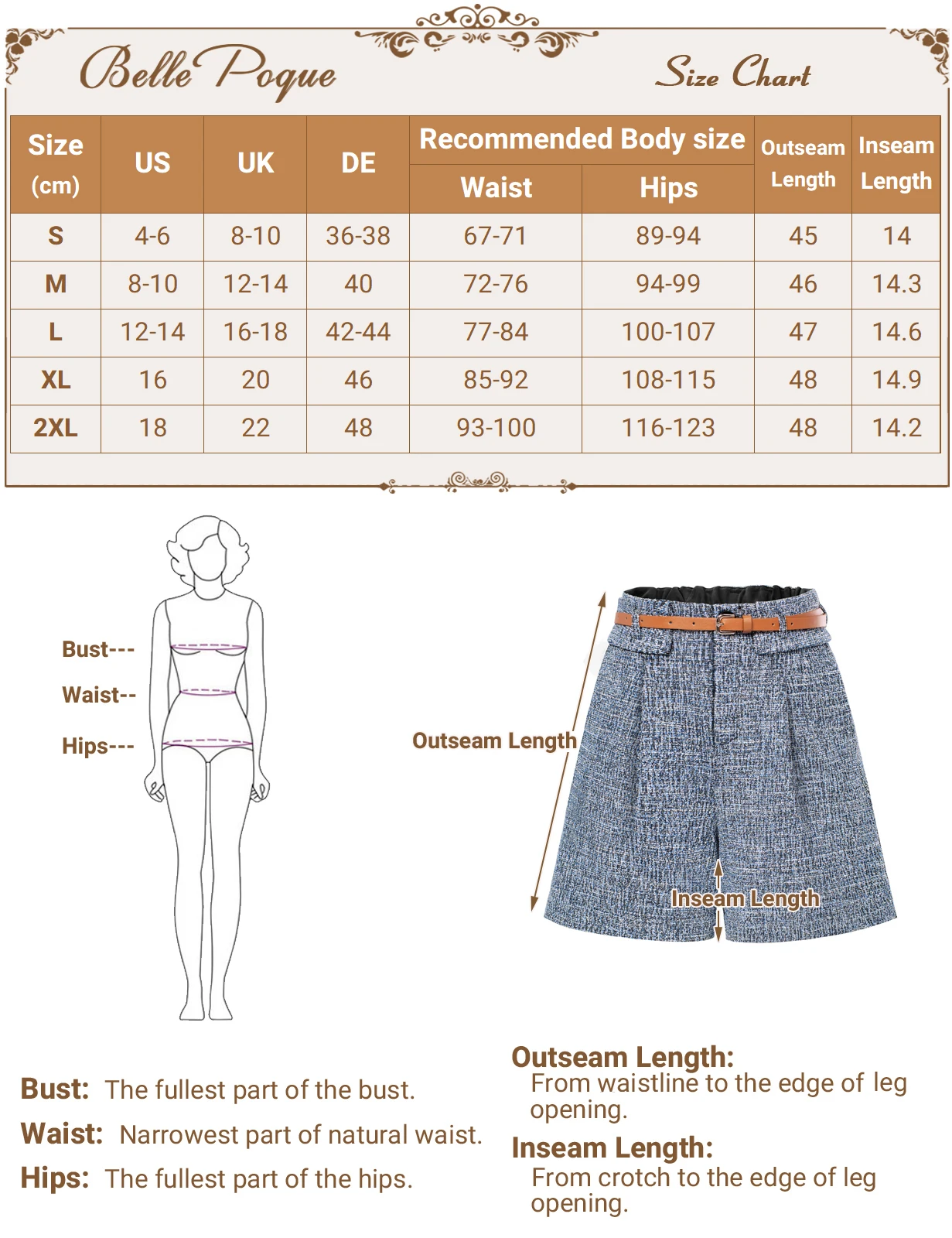 BP Women Vintage Tweed Shorts With Belt Elastic Waist Fold-up Leg Opening Shorts Wide Leg Bermuda Short Pants