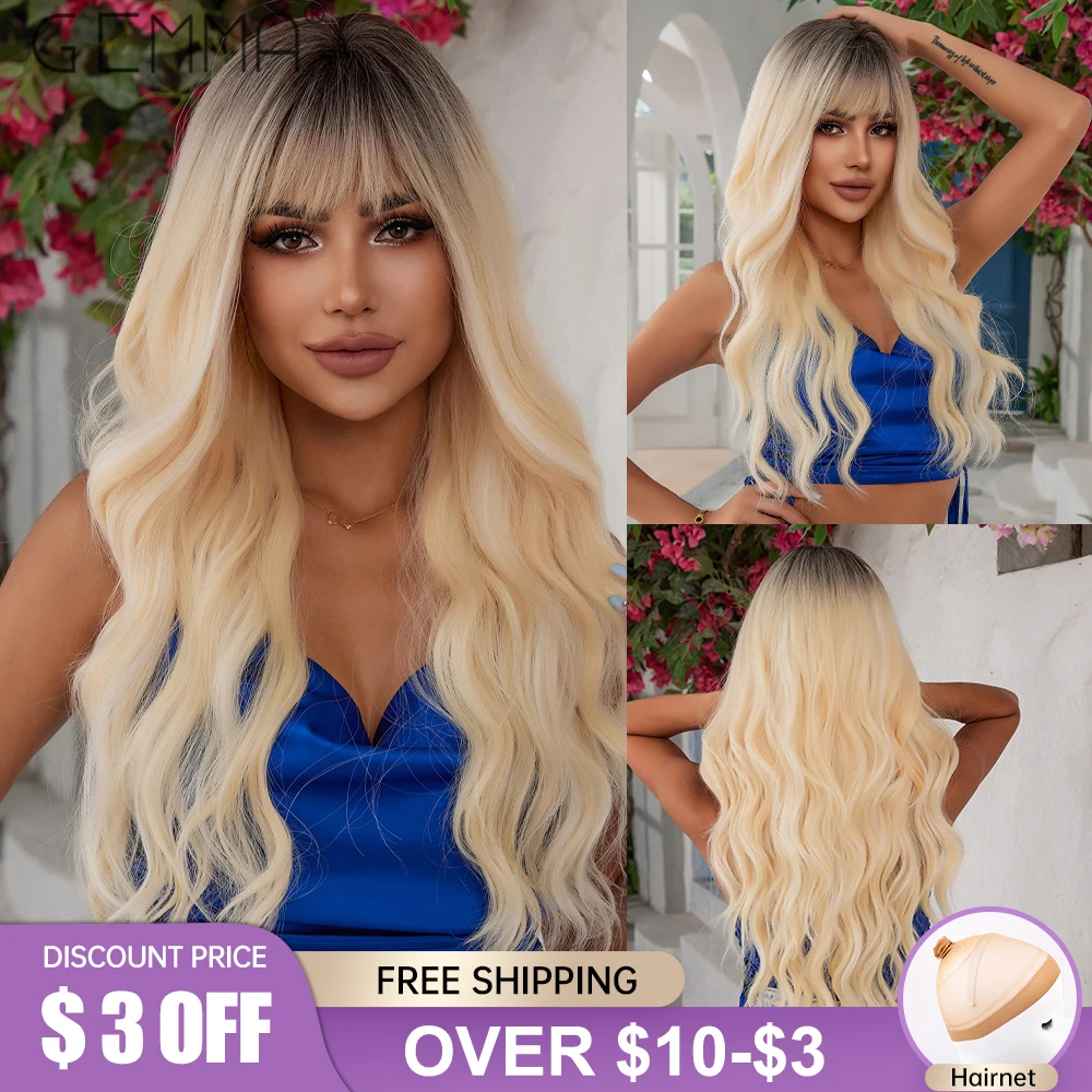 Ombre Light Ash Blonde Synthetic Long Wavy Wigs with Bangs for Black Women Water Wave Cosplay Daily Hair Wig Heat Resistant