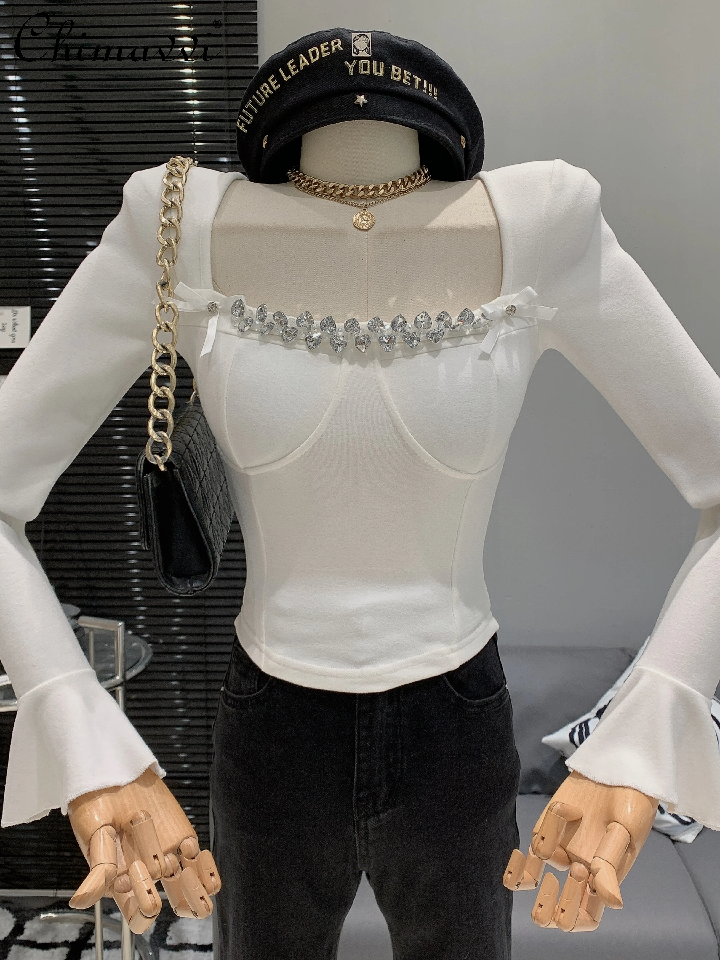 

Модная Изысканная женская футболка в Корейском стиле с расклешенным рукавом и бантом, элегантный облегающий пуловер, женские футболки, топы, весна 2024