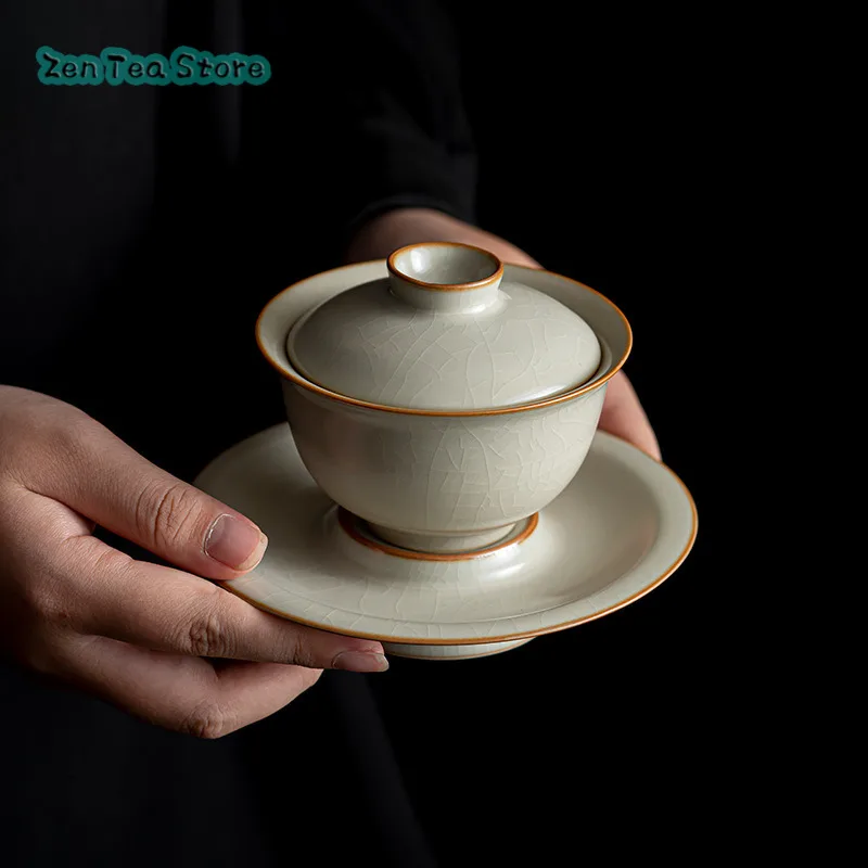 Beige Ru Kiln Three Cover Bowl Retro Open Piece Large Tea Infuser Household Ceramic Kung Fu Tea Set Bowl