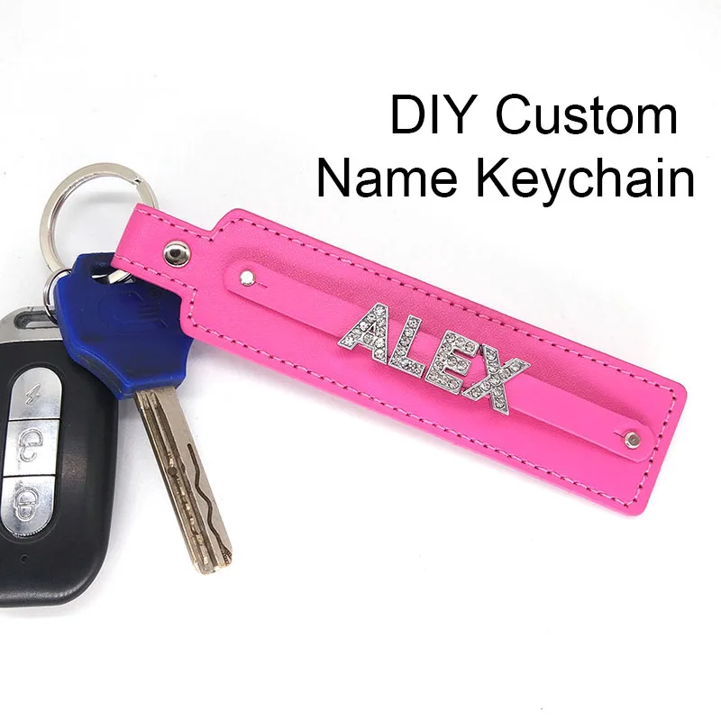 Fashion Leather Personalized Custom Rhinestone Name Letter Numbers Car Keychain Keyring Key Holder Valentine Love Gift