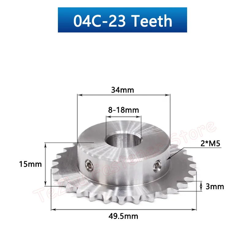 Description Picture 3 of item1pc 23 Teeth 04C 304 Stainless Steel Industrial Drive Sprocket Wheel Chain Gear 23T Bore 8 10 12 14 15 16 17 18mm