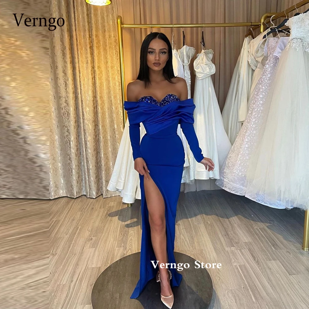 

Verngo Royal Blue Mermaid Strecth Satin Evening Dresses Sparkly Sequin Off Shoulder Long Sleeves Split Prom Gowns Party Dress