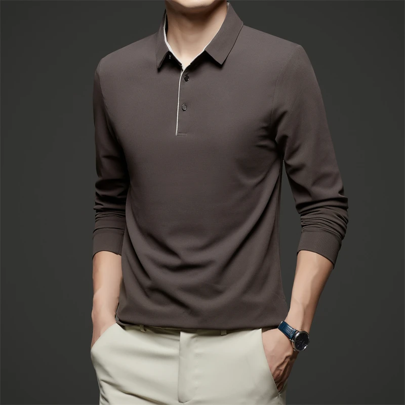 Neues Herren-Poloshirt, Business-Casual, langärmelig, einfarbig, modisch, warm, bequem, vielseitiges Oberteil für vier Jahreszeiten – Detail 15