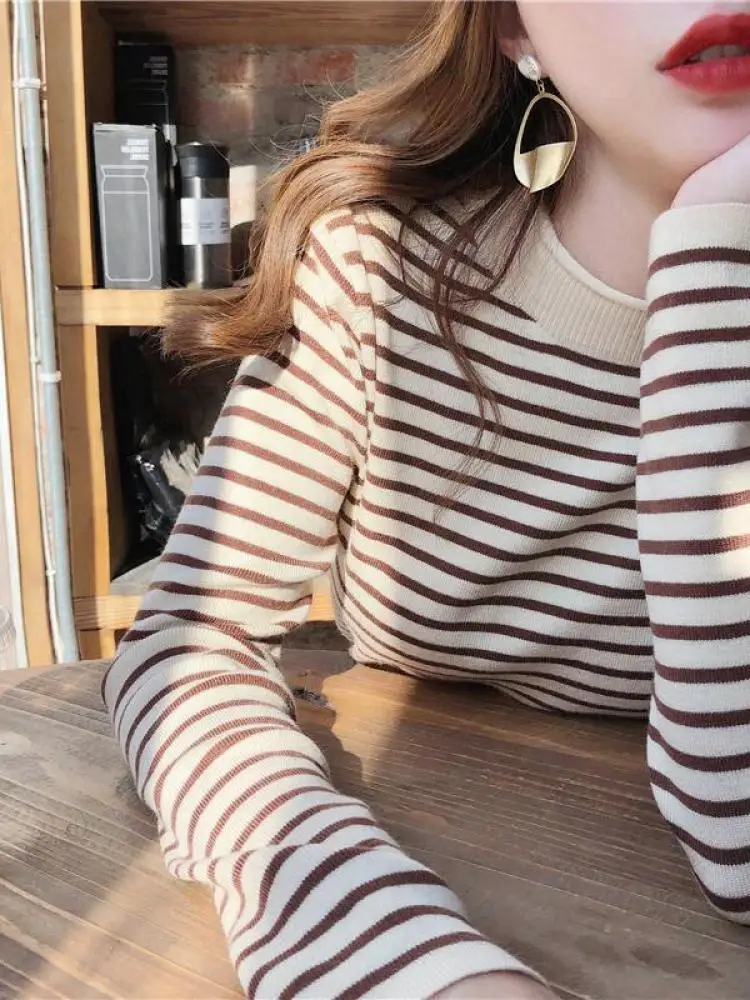 thumbnail image 3 of Suéteres de cuello alto para mujer, jerseys de moda para mujer, ajustados, elásticos, de manga larga, informales, a rayas, de punto, para otoño e invierno, 3 of 5