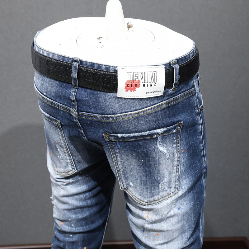 Street Fashion Men Jeans Retro Blue Plain Washed Painted Designer Elastic Slim Fit Ripped Jeans Men Patched Hip Hop Pants Hombre