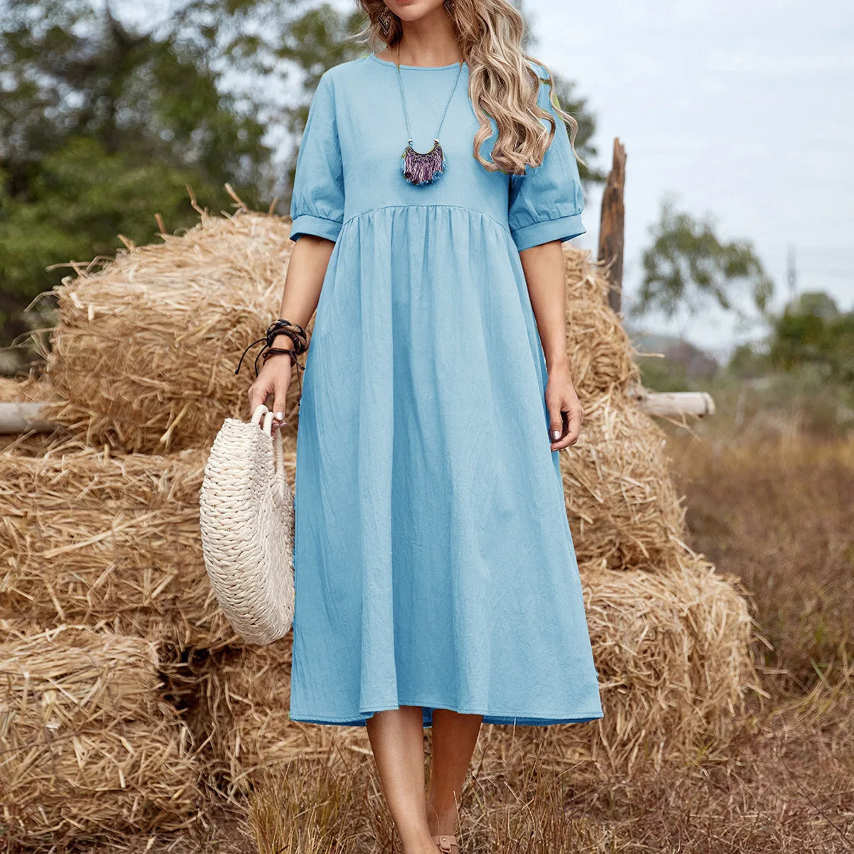 

Leisure Solid Black Blue Beach Loose Vintage Cotton Linen Dress Spring Simple Women Oversized Casual Dresses vestidos