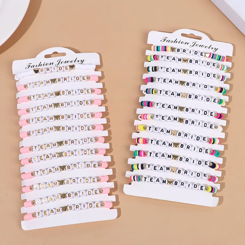 12Pcs Pink Team Bride Elastic Bracelets Set Bridal Shower Gifts Bachelorette Party Favors Supplies Boho Wedding Decoration