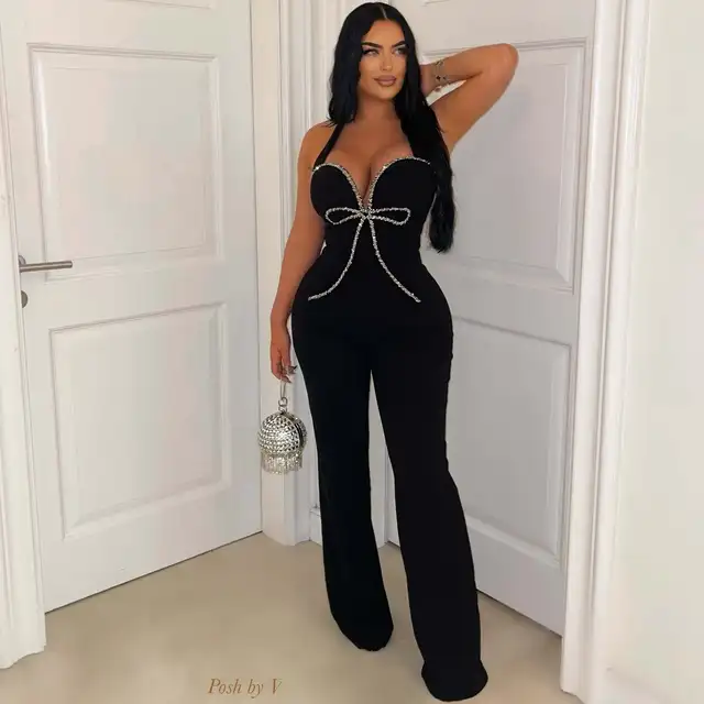 HBLL Womens Halter Neck Bow Tie Crystal Long Pants Jumpsuits Rompers Elegant Sleeveless Sequins Party Jumpsuits Overalls 2025