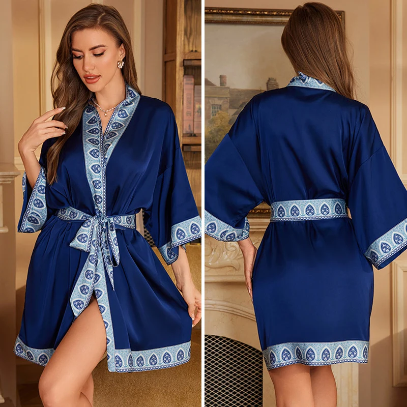 Navy Blue Floral Silk Satin Kimono-Style Nightgown