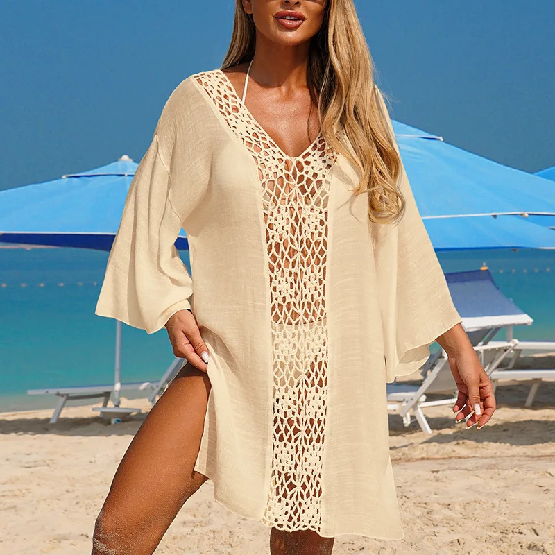 Crochet Beach Cover-Up Dress Loose Long-Sleeve Crochet Dress Hollow Knit Vacay Beach Dress Kimono Kaftan UV Cover-Up.