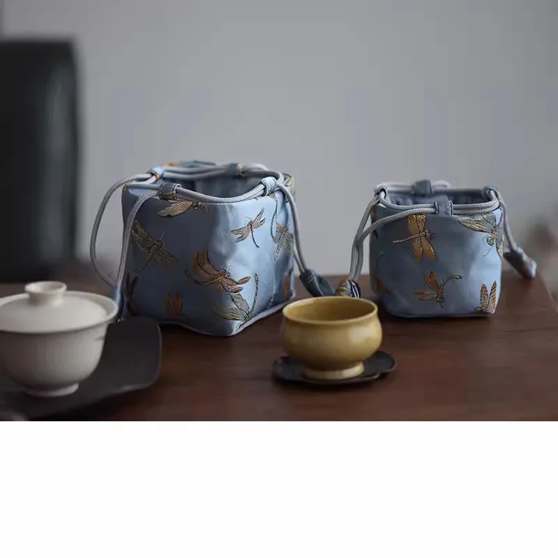 Portable Thickened Tea Cup Bag, Silk Brocade Embroidery, Tea Cup Storage Bag, Single Cup, Cozies Tea Set Accessories