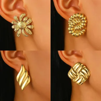 Stainless Steel Geometric Ripple Earrings For Women Metal Earing Jewelry 2025 Trending New Luxury Women's Gold Color Earrings