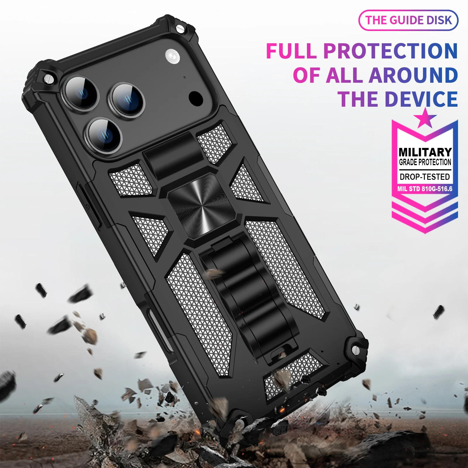 Rugged Shockproof Phone Case with Armor Fold Stand & Car Holder