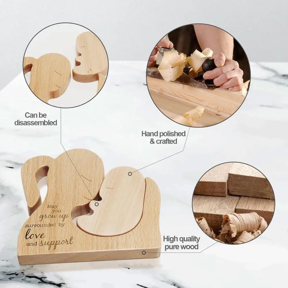 

Wooden Mom Puzzle Decor Wooden Mother Baby Puzzle Decoration Handcrafted Wood Statue Sculpture Desktop Ornament for Mother's Day