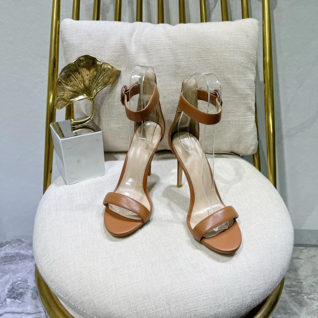 2024 Summer New Genuine Leather High Heels Women's One line Buckle Pointed Thin Heels Versatile Simple Open Toe Sandals