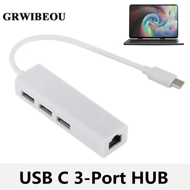 GRWIBEOU 허브 지지대 이더넷 LAN 케이블 어댑터, 네트워크 카드, USB 3.1 2.0, 데이터 전송 어댑터, 3 포트, RJ45