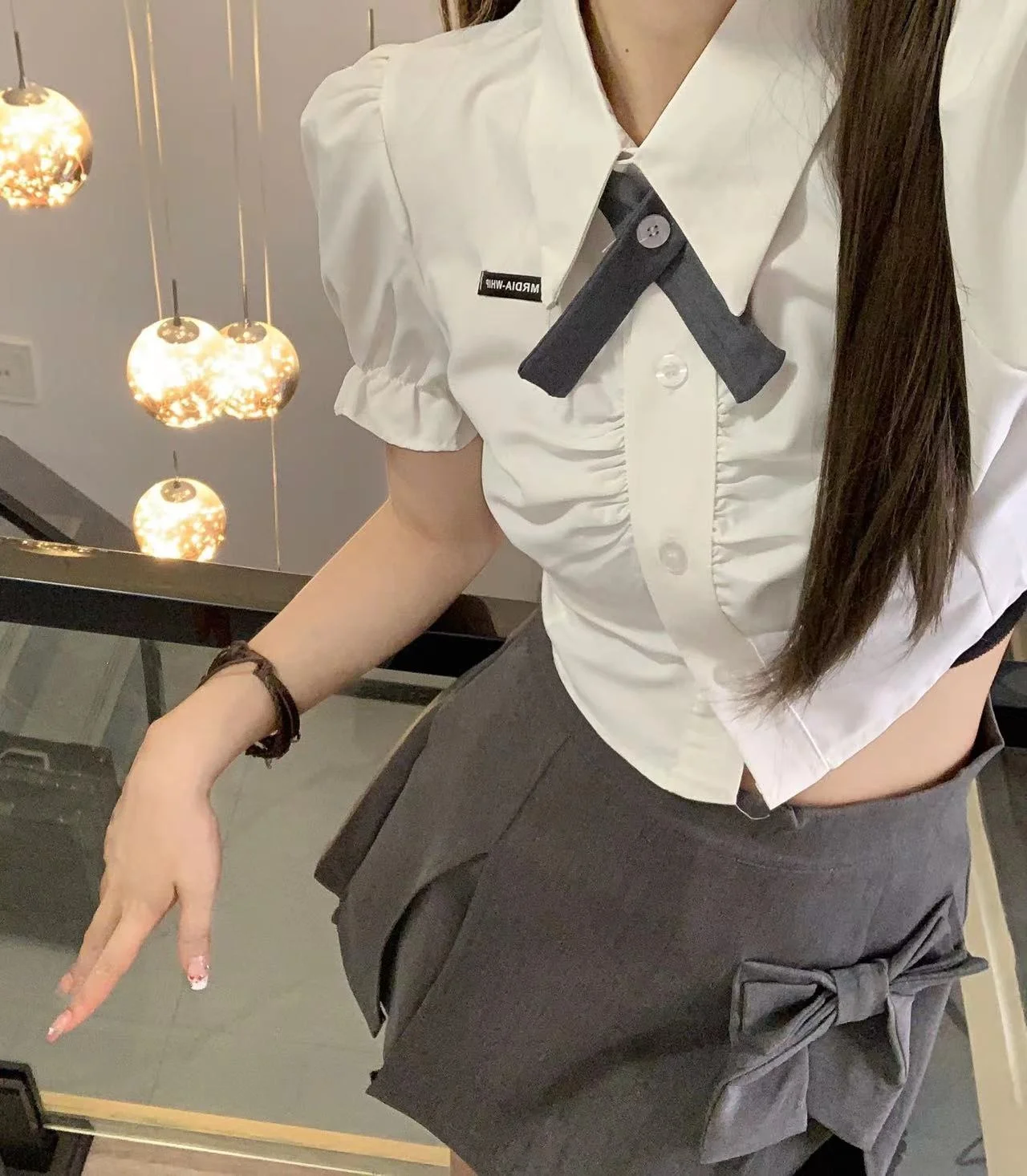 Puff sleeve Waist Hugging Shirts Jk Uniform Set Summer Gyaru Pure Desire  Bow Skirt Preppy Two-piece Set
