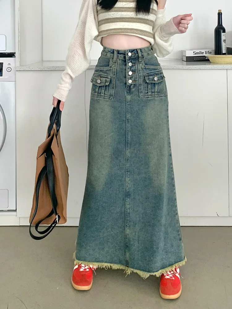 

Slergiri Vintage Button Front Denim Long Skirts Women Streetwear Y2K High-waisted Raw Hem A-Line Jean Skirts With Pockets