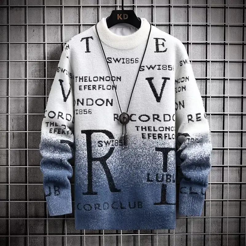 2024 Men's Sweater Korean Autumn Winter Fashion Men Clothing English Elements Sweater Men Casual Pullover O-Neck Sweaters Men 3