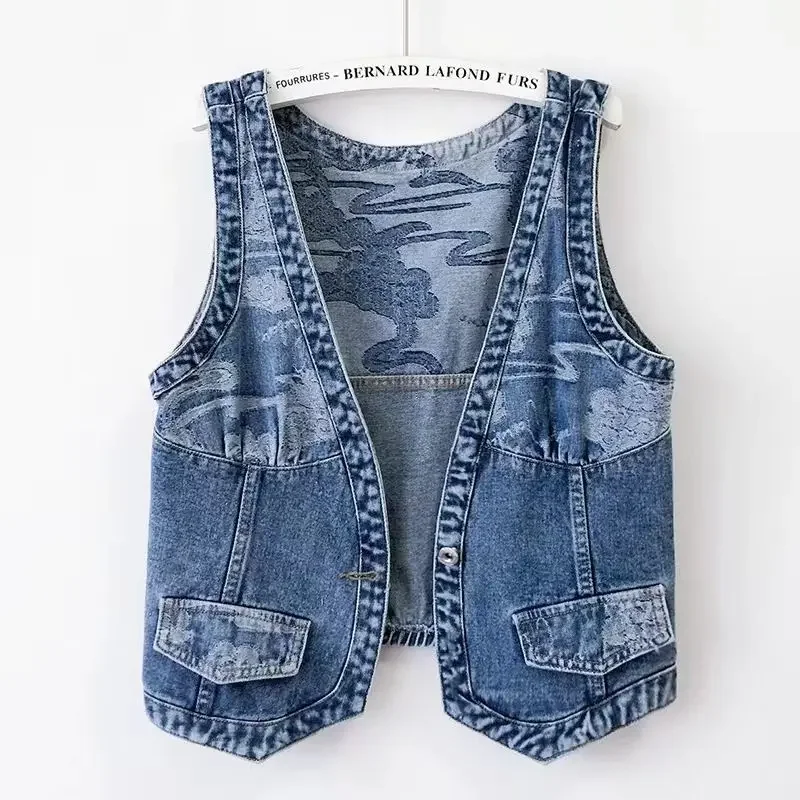 Women Jacquard Denim Waistcoat New Vest Sleeveless Cardigan Short Tops Coats Korean Fashion Jackets Plus Size