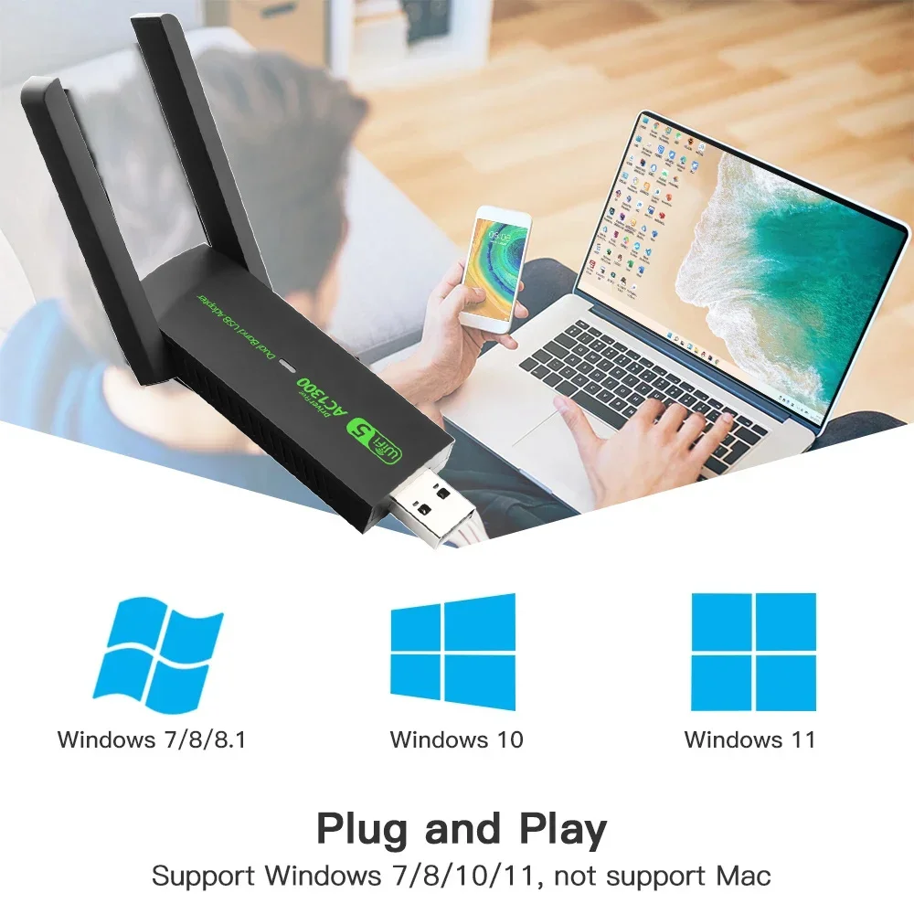 1300Mbps Wifi USB 네트워크 카드 WiFi 5 AC1300 USB Wifi 어댑터 듀얼 밴드 2.4G 5G 무선 동글 수신기 RTL8812 안테나